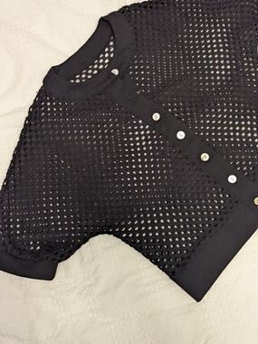 Black Open-Knit Button Cardigan